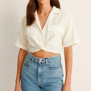 H&M White Linen-Blend Cropped Button-Up Shirt – Size S